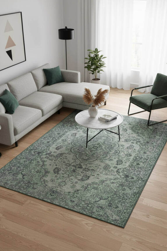Outlet 75x300 Blues Vintage Desenli Dokuma Taban Dekoratif Yeşil Halı AL-139 - 1