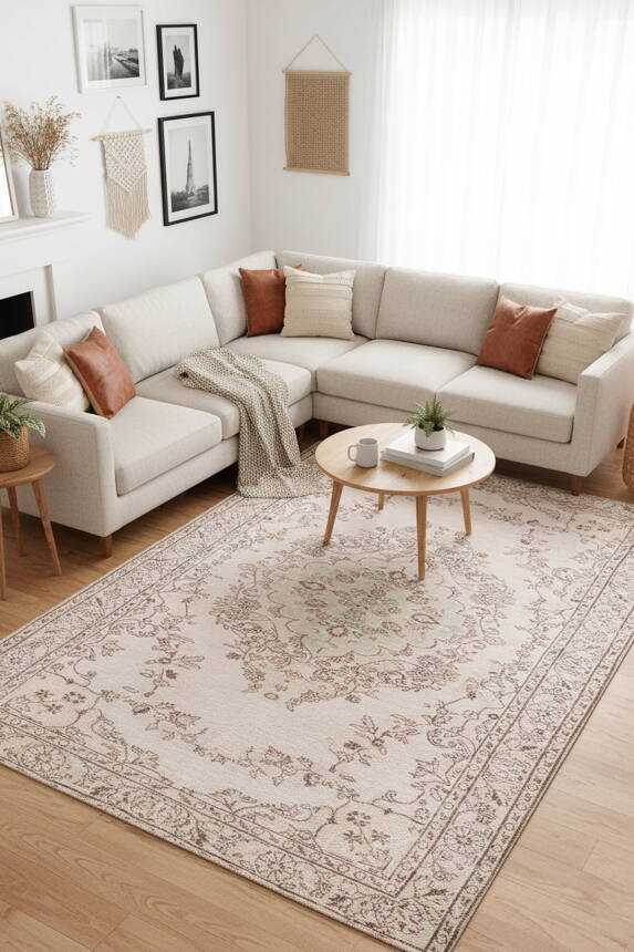 Outlet 75x300 Dorian Eskitme Desenli Dokuma Taban Dekoratif Bej Halı AL-20 - 1