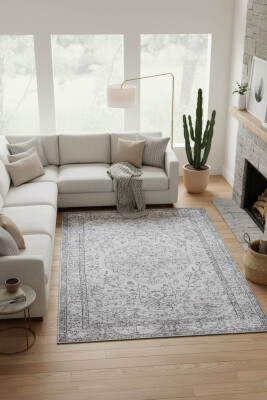 Outlet 75x300 Dorian Eskitme Desenli Dokuma Taban Dekoratif Gri Halı AL-97 - 1