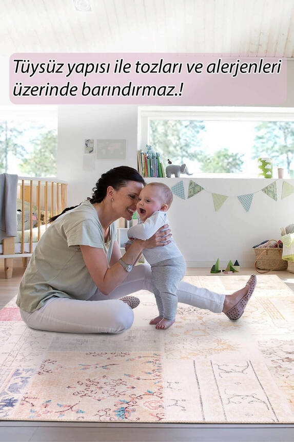 Outlet 75x300 Folk Patchwork Desenli Dokuma Taban Dekoratif Bej Halı BA-16 - 8