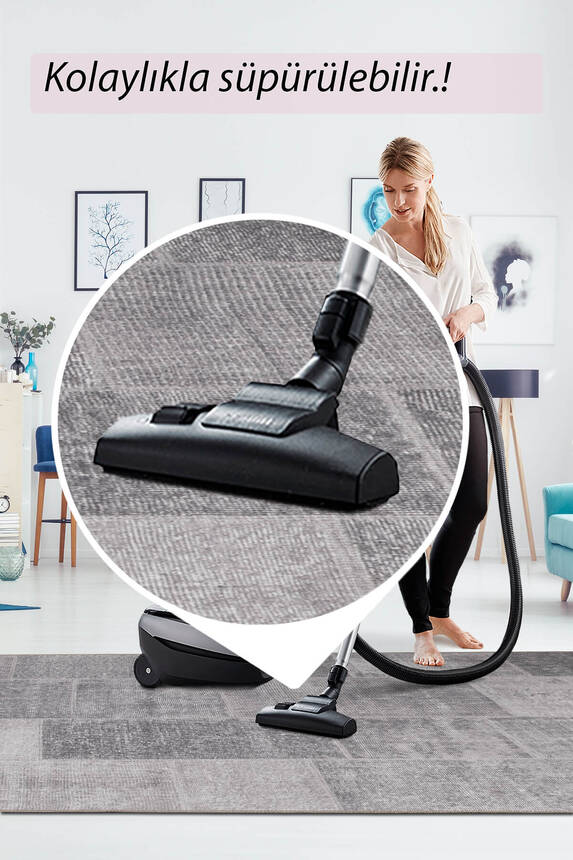 Outlet 75x300 Folk Patchwork Desenli Dokuma Taban Dekoratif Gri Halı BA-36 - 7