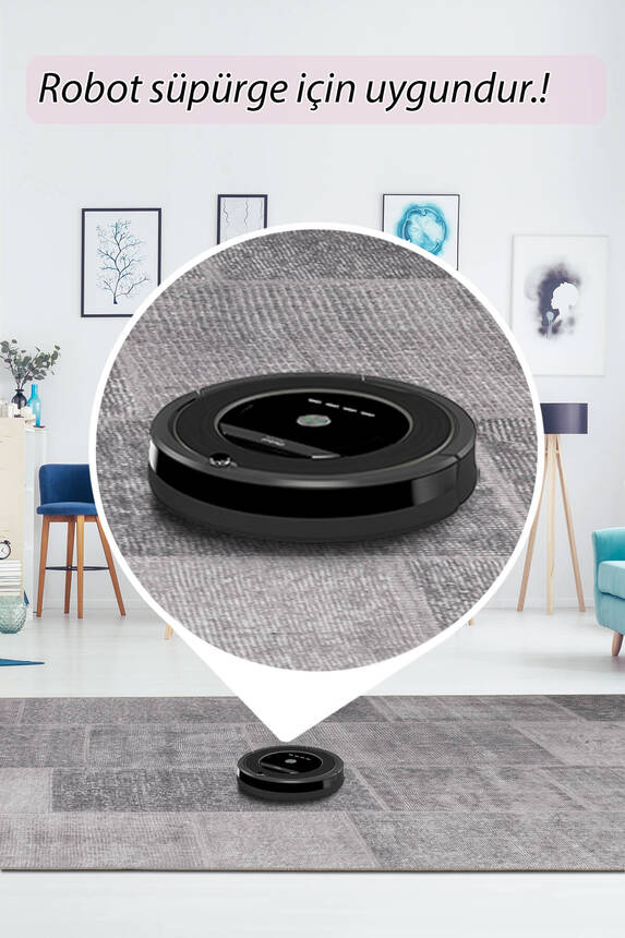 Outlet 75x300 Folk Patchwork Desenli Dokuma Taban Dekoratif Gri Halı BA-36 - 6