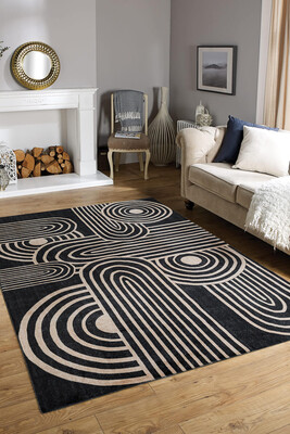 Outlet 80x150 Artloop Fuga Yumuşak Dokulu Siyah/Bej Modern Desenli Halı KA-13 - Artloop