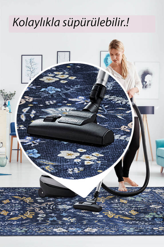Outlet 80X230 Artloop Fuga Yumuşak Dokulu Lacivert Çiçekli Modern Desenli Halı KA-05 - 8