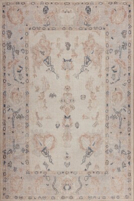 Outlet 80x400 Relic Krem / Pudra Vintage Dokulu Klasik Desenli Dokuma Tabanlı Şönil Halı AL-510 - 2