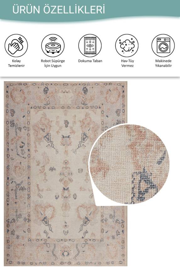 Outlet 80x400 Relic Krem / Pudra Vintage Dokulu Klasik Desenli Dokuma Tabanlı Şönil Halı AL-510 - 4