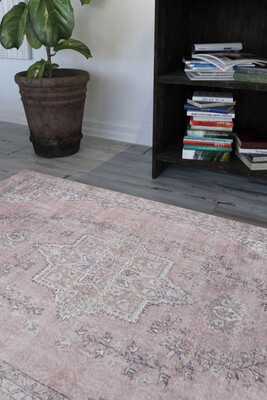 Outlet 75x230 Dorian Eskitme Desenli Dokuma Taban Dekoratif Pembe / Pudra Halı AL-91 - Artloop