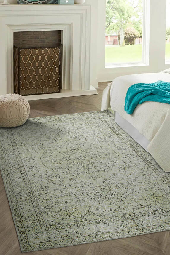 Outlet 250x250 Kare Folk Eskitme Desenli Dokuma Taban Dekoratif Yeşil Halı BA-27 - 1