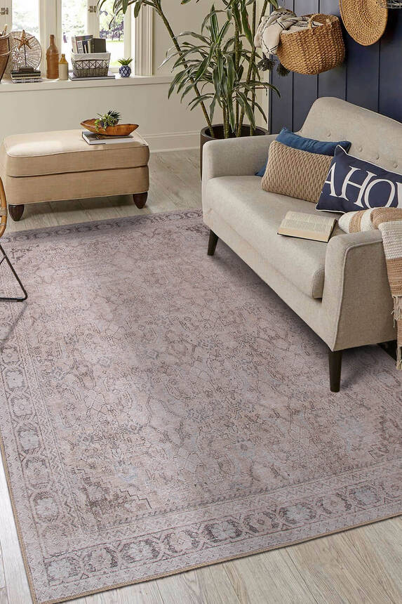 Outlet 250x350 Folk Vintage Desenli Dokuma Taban Dekoratif Bej Halı BA-34 - 1