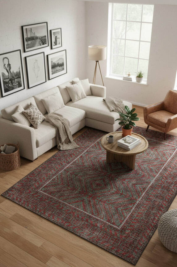 Outlet 300X400 Relic Kırmızı / Turkuaz Vintage Dokulu Klasik Desenli Dokuma Tabanlı Şönil Halı AL-493 - 1