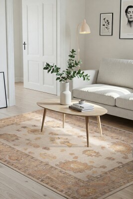 Relic Bej / Sarı Vintage Dokulu Klasik Desenli Dokuma Tabanlı Şönil Halı AL 495 - Artloop