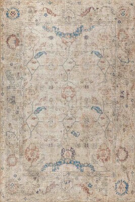 Relic Bej / Mavi Vintage Dokulu Klasik Desenli Dokuma Tabanlı Şönil Halı AL 476 - 2