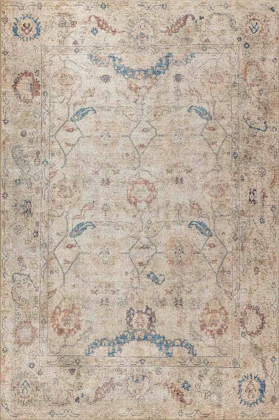 Relic Bej / Mavi Vintage Dokulu Klasik Desenli Dokuma Tabanlı Şönil Halı AL 476 - 2