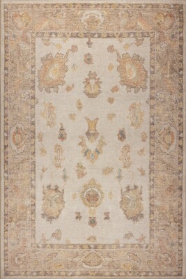 Relic Bej / Sarı Vintage Dokulu Klasik Desenli Dokuma Tabanlı Şönil Halı AL 495 - 2
