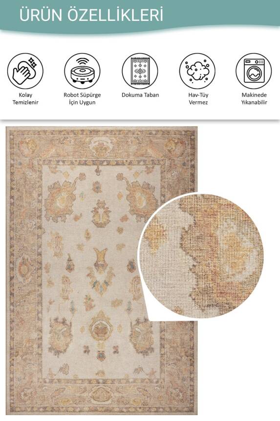 Relic Bej / Sarı Vintage Dokulu Klasik Desenli Dokuma Tabanlı Şönil Halı AL 495 - 4