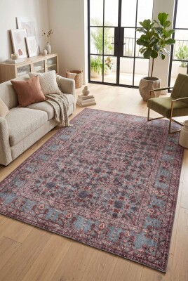 Relic Bordo / Mavi Vintage Dokulu Klasik Desenli Dokuma Tabanlı Şönil Halı AL 531 - Artloop - Mavi Halılar