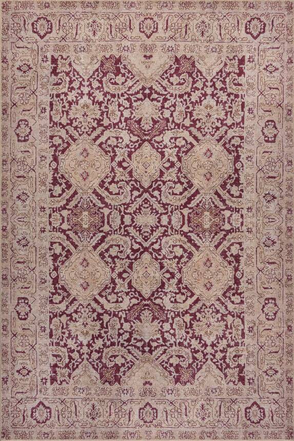 Relic Bordo Krem Vintage Klasik Madalyon Desenli Dokuma Tabanlı Şönil Halı AL 601 - 1