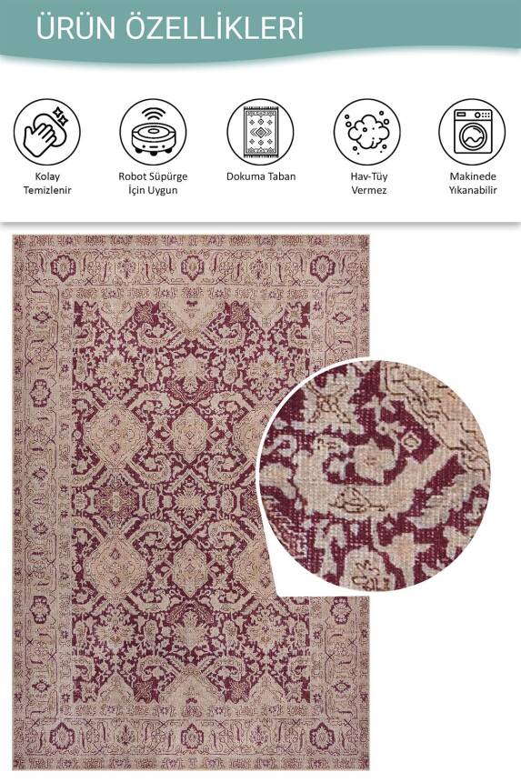 Relic Bordo Krem Vintage Klasik Madalyon Desenli Dokuma Tabanlı Şönil Halı AL 601 - 5