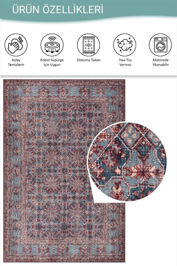 Relic Bordo / Mavi Vintage Dokulu Klasik Desenli Dokuma Tabanlı Şönil Halı AL 531 - 5