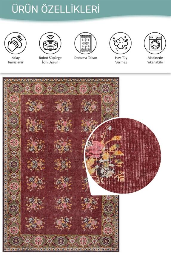 Relic Bordo Vintage Çiçek Desenli Dokuma Tabanlı Şönil Halı AL 556 - 6