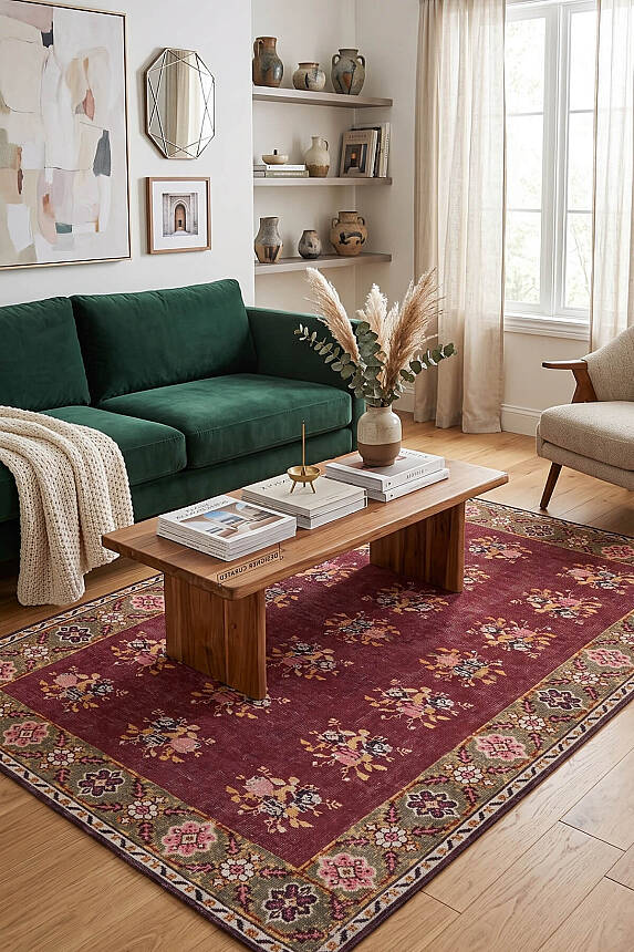 Relic Bordo Vintage Çiçek Desenli Dokuma Tabanlı Şönil Halı AL 556 - 1