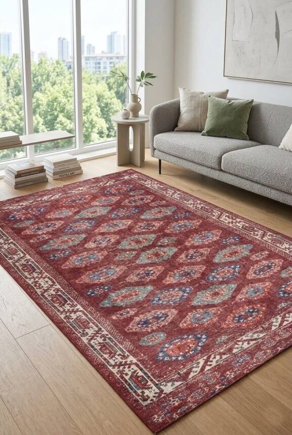 Relic Bordo Vintage Dokulu Etnik Desenli Dokuma Tabanlı Şönil Halı AL 550 - 1