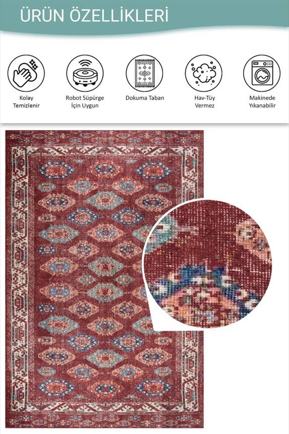 Relic Bordo Vintage Dokulu Etnik Desenli Dokuma Tabanlı Şönil Halı AL 550 - 5