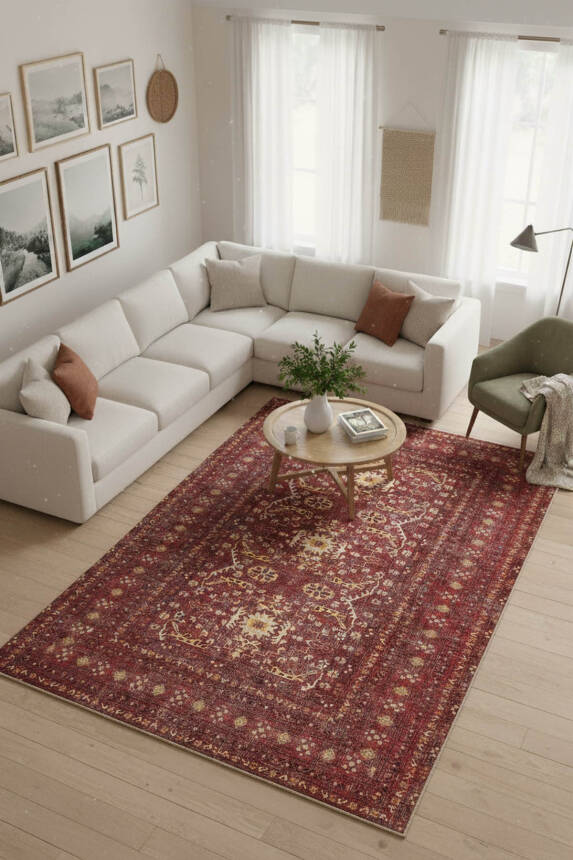 Relic Bordo Vintage Dokulu Klasik Desenli Dokuma Tabanlı Şönil Halı AL 473 - 1