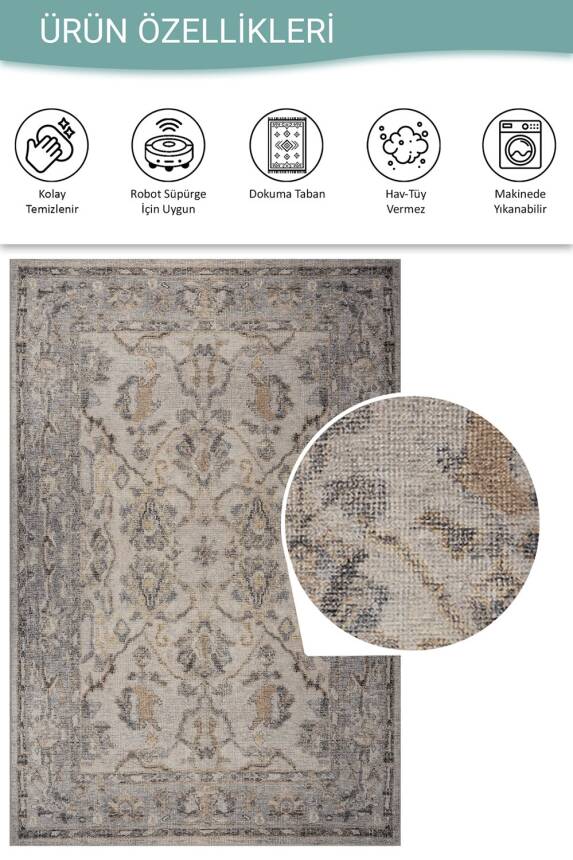 Outlet 75x230 Relic Gri Vintage Dokulu Klasik Desenli Dokuma Tabanlı Şönil Halı AL-520 - 4