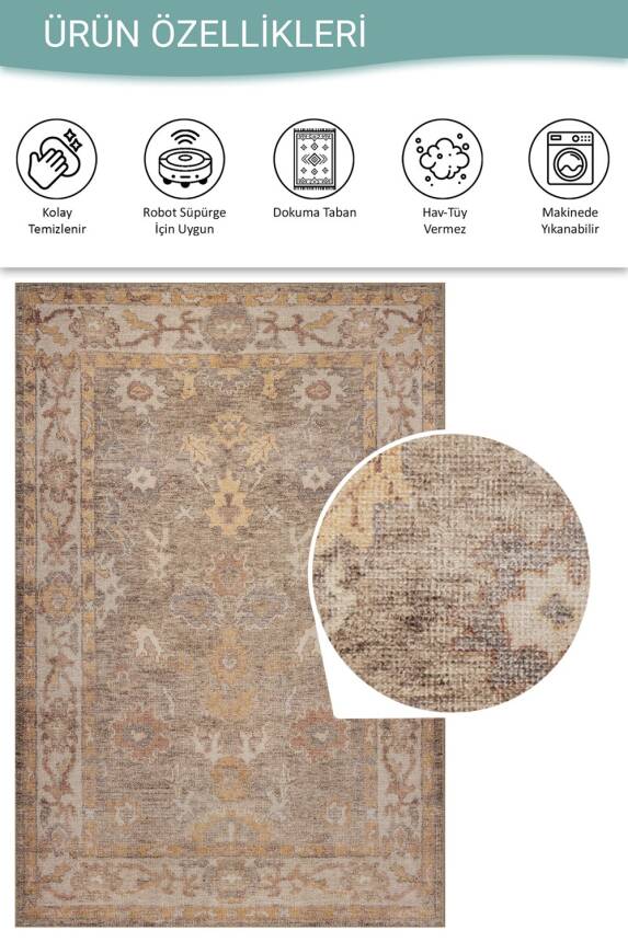 Relic Kahverengi Vintage Dokulu Klasik Desenli Dokuma Tabanlı Şönil Halı AL 522 - 4