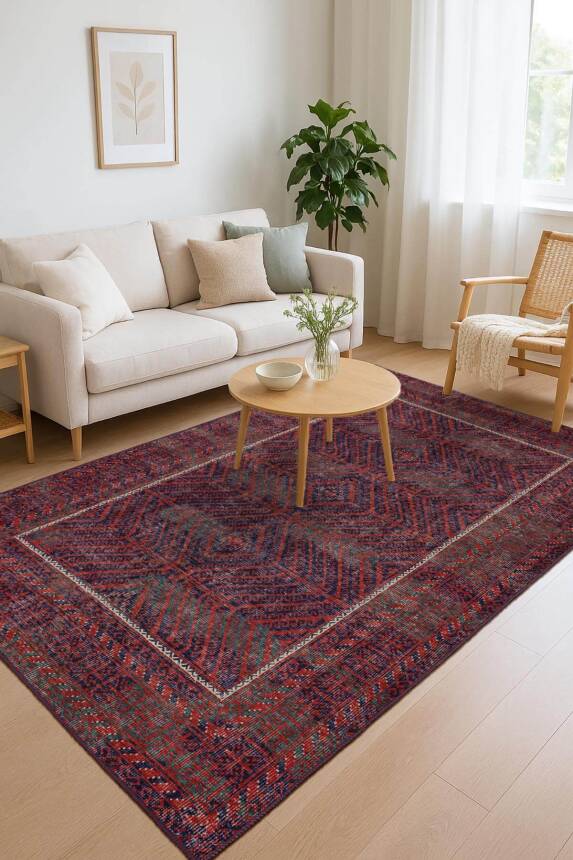 Relic Kırmızı / Lacivert Vintage Dokulu Klasik Desenli Dokuma Tabanlı Şönil Halı AL 494 - 1