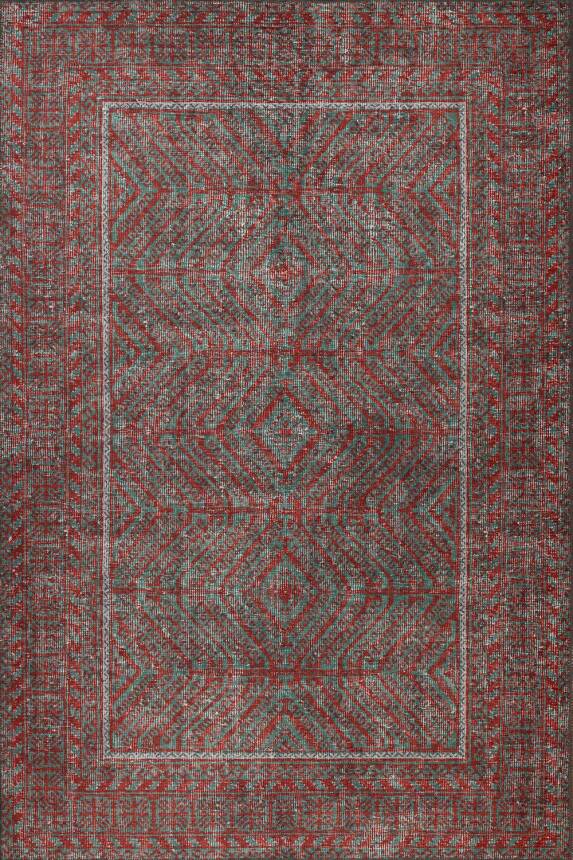 Relic Kırmızı / Turkuaz Vintage Dokulu Klasik Desenli Dokuma Tabanlı Şönil Halı AL 493 - 2