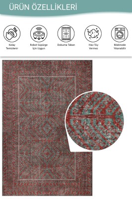 Relic Kırmızı / Turkuaz Vintage Dokulu Klasik Desenli Dokuma Tabanlı Şönil Halı AL 493 - 4