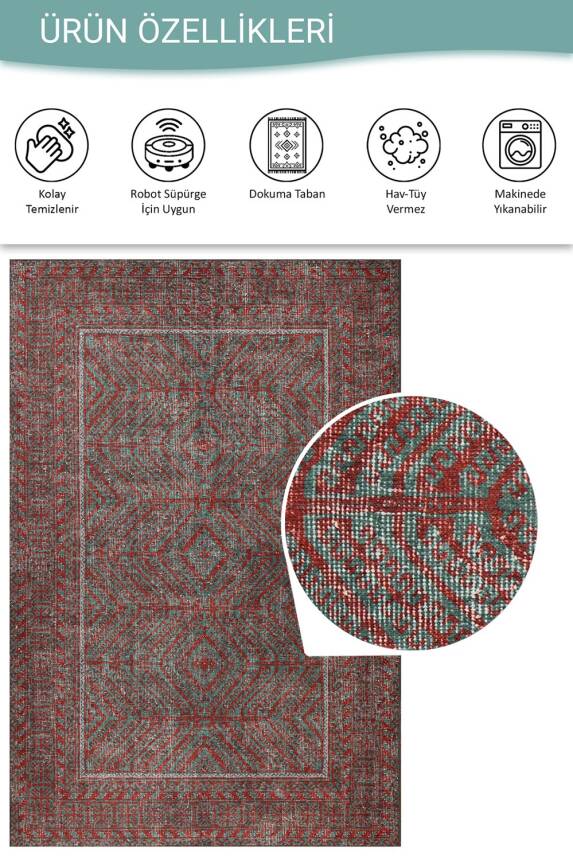 Relic Kırmızı / Turkuaz Vintage Dokulu Klasik Desenli Dokuma Tabanlı Şönil Halı AL 493 - 4