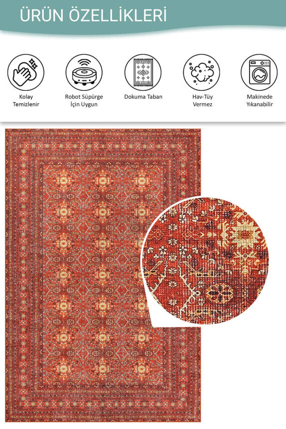 Relic Kırmızı Vintage Dokulu Geleneksel Desenli Dokuma Tabanlı Şönil Halı AL 474 - 4
