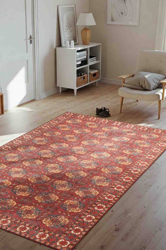 Relic Kırmızı Vintage Dokulu Klasik Desenli Dokuma Tabanlı Şönil Halı AL 475 - 1