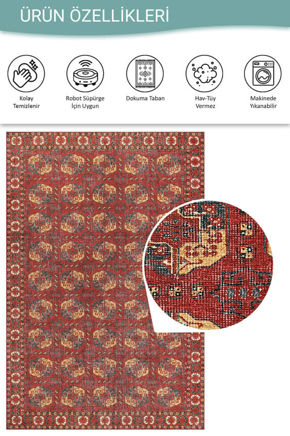 Relic Kırmızı Vintage Dokulu Klasik Desenli Dokuma Tabanlı Şönil Halı AL 475 - 4