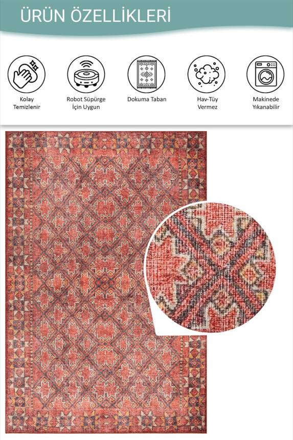 Relic Kırmızı Vintage Dokulu Klasik Desenli Dokuma Tabanlı Şönil Halı AL 529 - 5