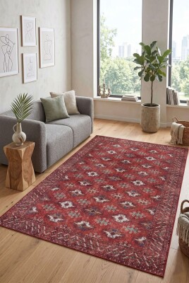 Relic Kırmızı Vintage Dokulu Klasik Desenli Dokuma Tabanlı Şönil Halı AL 546 - Artloop