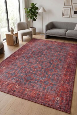 Relic Kırmızı Vintage Dokulu Klasik Desenli Dokuma Tabanlı Şönil Halı AL 547 - Artloop