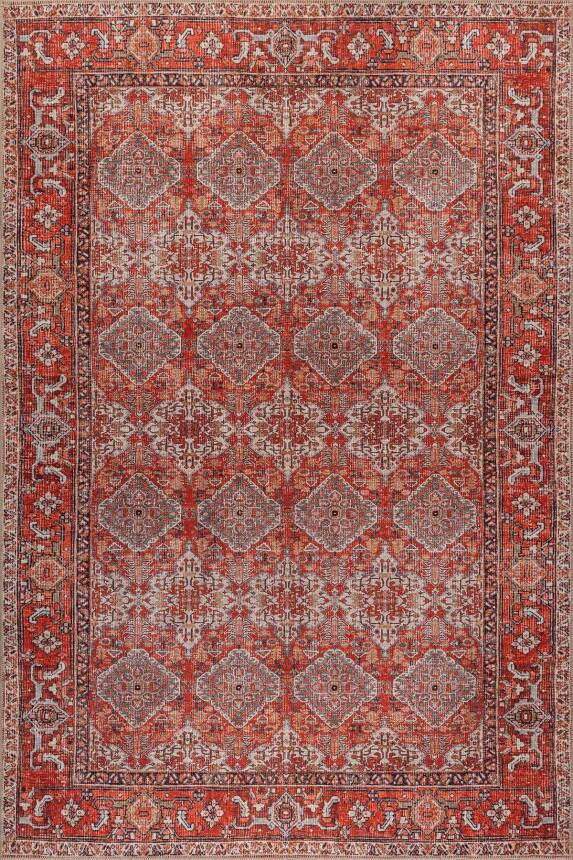 Relic Kırmızı Vintage Etnik Geometrik Desenli Dokuma Tabanlı Şönil Halı AL 611 - 1