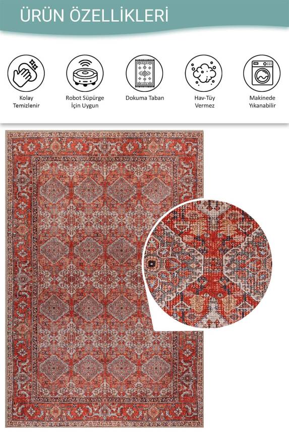 Relic Kırmızı Vintage Etnik Geometrik Desenli Dokuma Tabanlı Şönil Halı AL 611 - 5