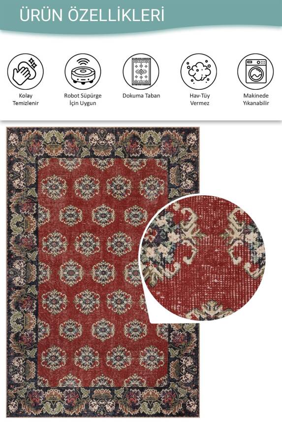 Relic Kırmızı Vintage Etnik Klasik Desenli Dokuma Tabanlı Şönil Halı AL 597 - 6