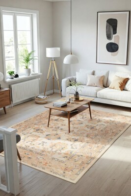 Relic Krem / Sarı Vintage Dokulu Klasik Desenli Dokuma Tabanlı Şönil Halı AL 496 - Artloop