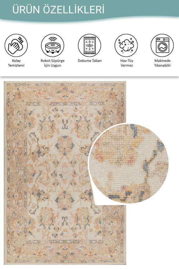 Relic Krem / Sarı Vintage Dokulu Klasik Desenli Dokuma Tabanlı Şönil Halı AL 496 - 4