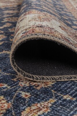 Relic Lacivert Krem Vintage Çiçek Motifli Klasik Desenli Dokuma Tabanlı Şönil Halı AL 566 - 4
