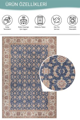 Relic Lacivert Krem Vintage Çiçek Motifli Klasik Desenli Dokuma Tabanlı Şönil Halı AL 566 - 5
