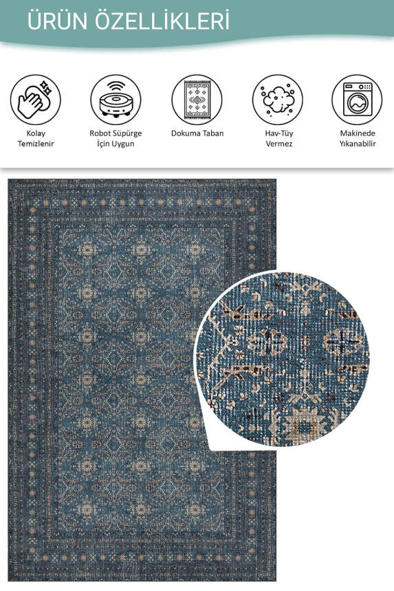 Relic Lacivert Vintage Dokulu Geleneksel Desenli Dokuma Tabanlı Şönil Halı AL 478 - 4