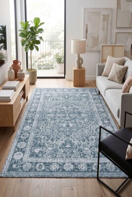 Relic Mavi Vintage Dokulu Etnik Desenli Dokuma Tabanlı Şönil Halı AL 539 - Artloop - Mavi Halılar