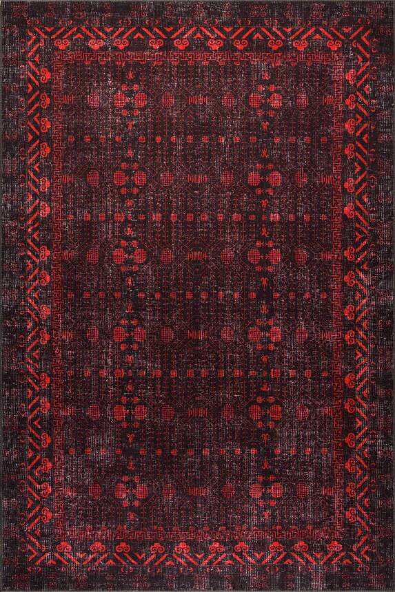 Relic Siyah Kırmızı Vintage Minimal Etnik Geometrik Desenli Dokuma Tabanlı Şönil Halı AL 563 - 2